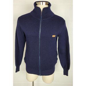 Vtg Ellevi Blue Wool Blend Zip Front Sweater w Elbow Patches Italy Legge 883 M/L